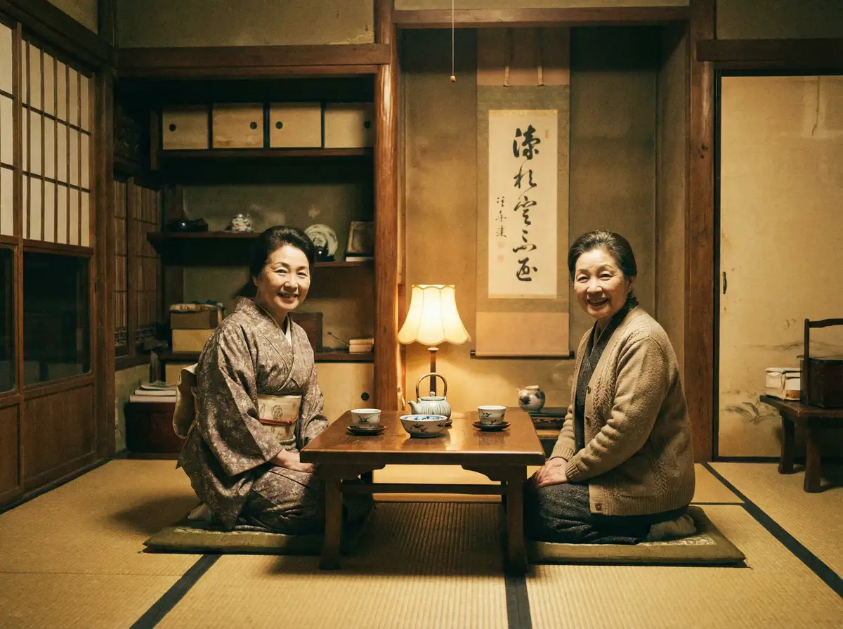 两位优雅的 七星体育平台 在日式茶室中品茶交谈